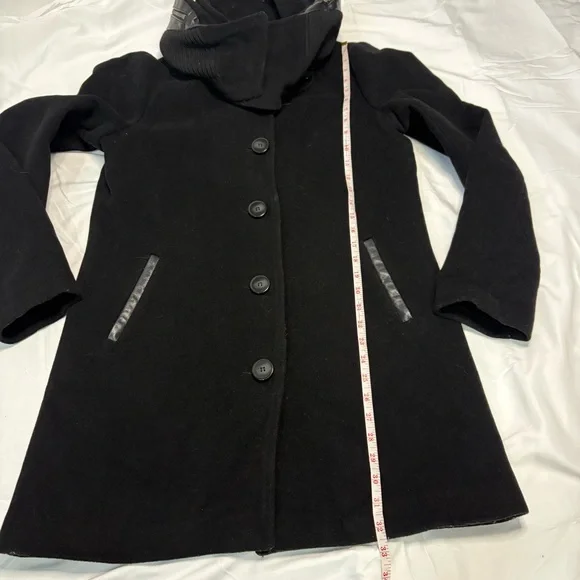 Mackage Wool Cashmere Coat Black Leather Trim Removable Collar Hood Size L - Picture 4 of 15